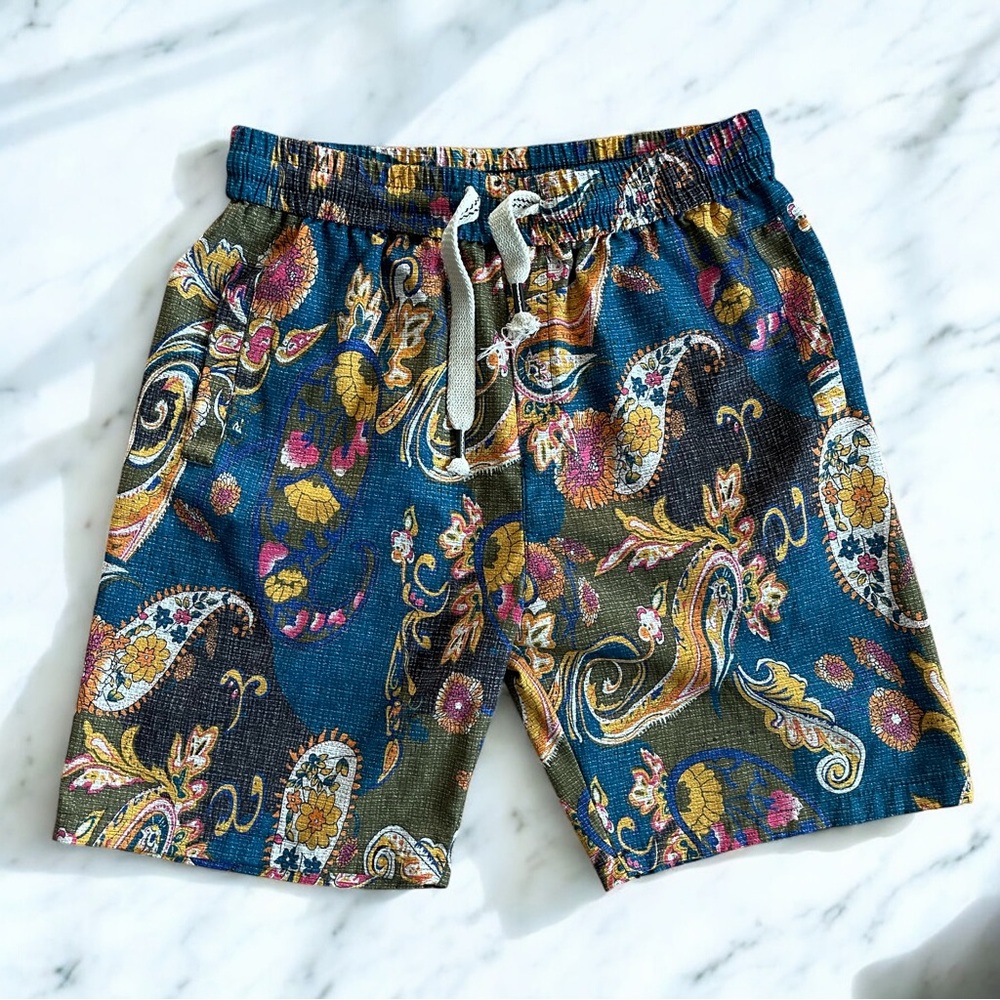 NWT Paisley Print Drawstring Shorts Blue Green Orange (Size M)